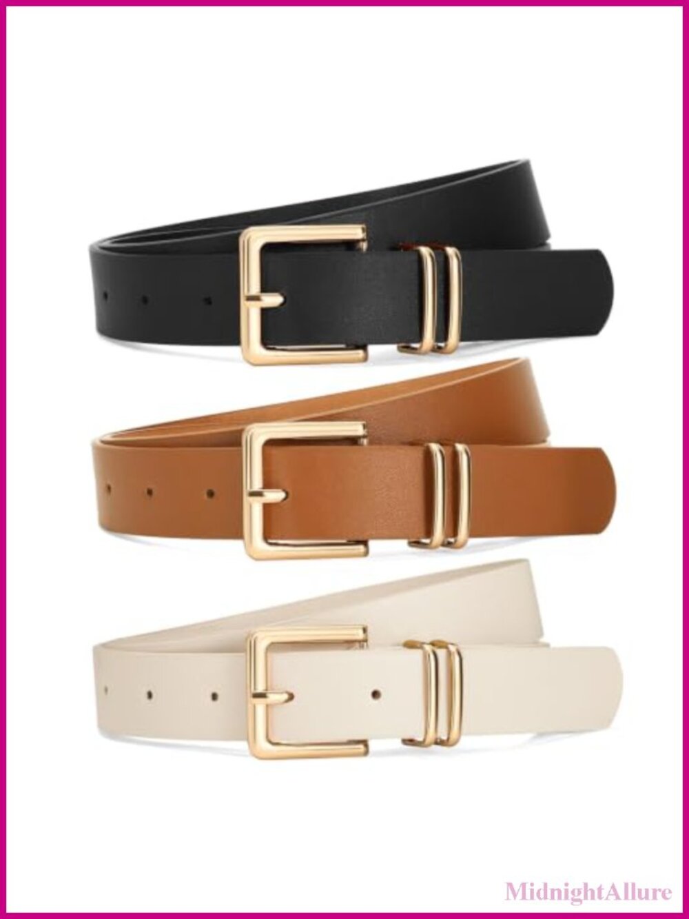 Faux Leather Women's Belts 3-Pack with Gold Square Buckle
